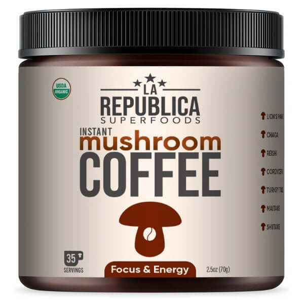 La Republica Instant Mushroom Coffee 35 Servings coffee,Decafe Coffee,Decafe Instant Mushroom Coffee,Multi vitamins,multivitamins,Mushroom Coffee,Rich in vitamins and minerals,vitamins,Vitamins & Supplements,vitamins and minerals,Vitamins and Supplements,