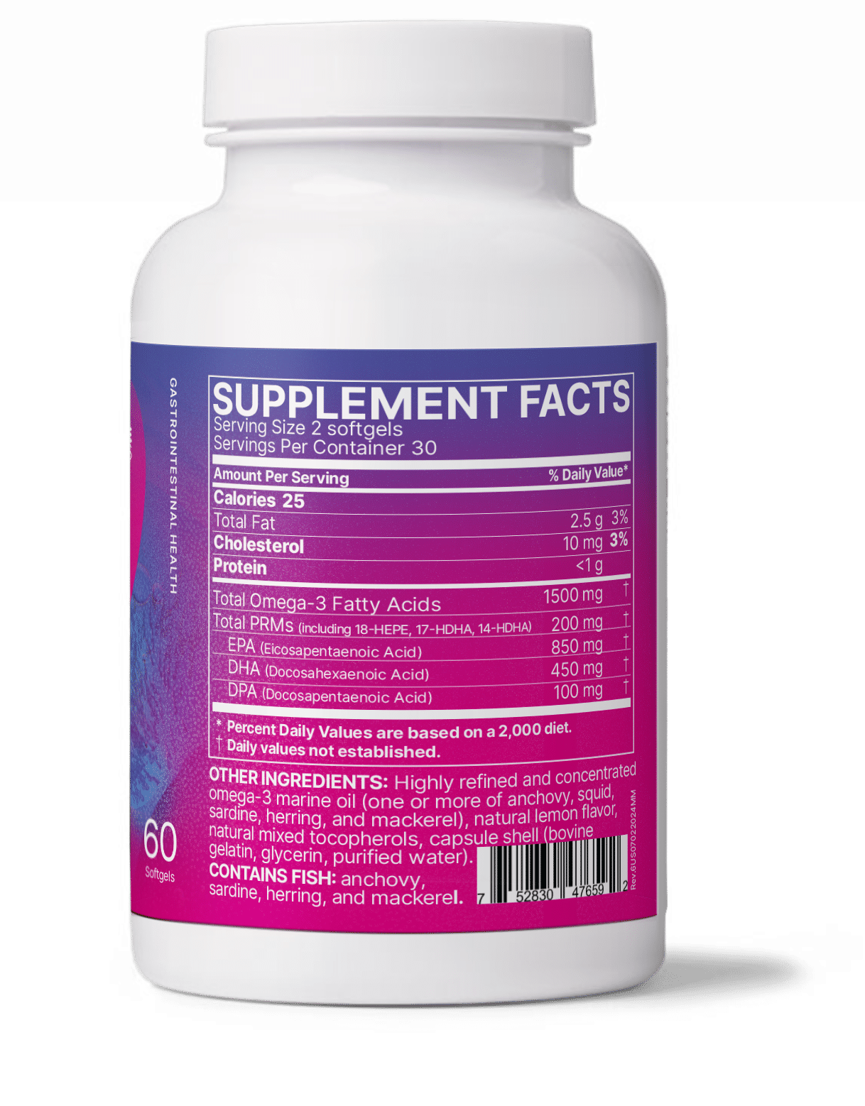 MegaMarine gut-specific fish oil product bottle showing supplement facts and serving details.