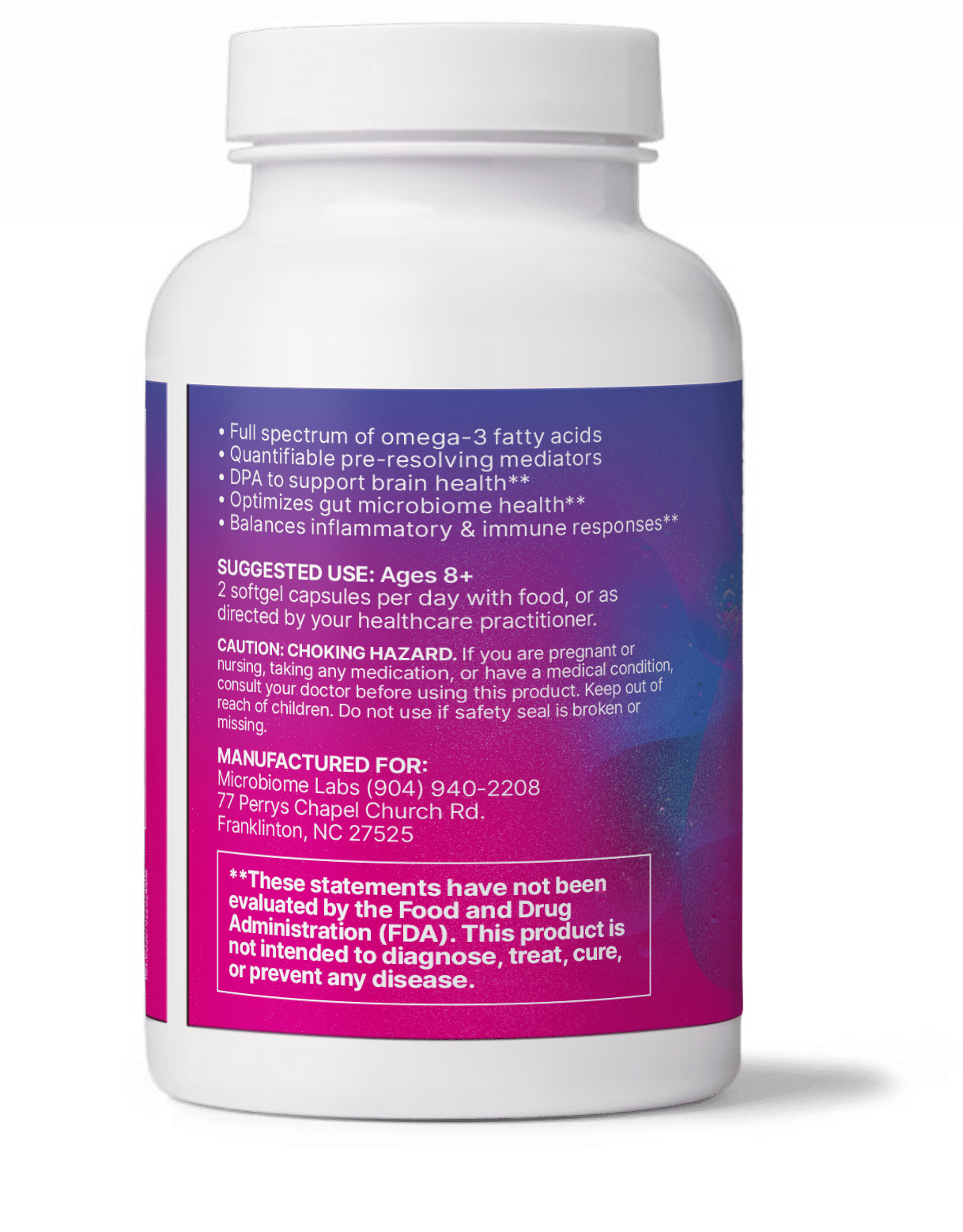 MegaMarine gut-specific fish oil bottle showing full-spectrum omega-3 fatty acids and health benefits.