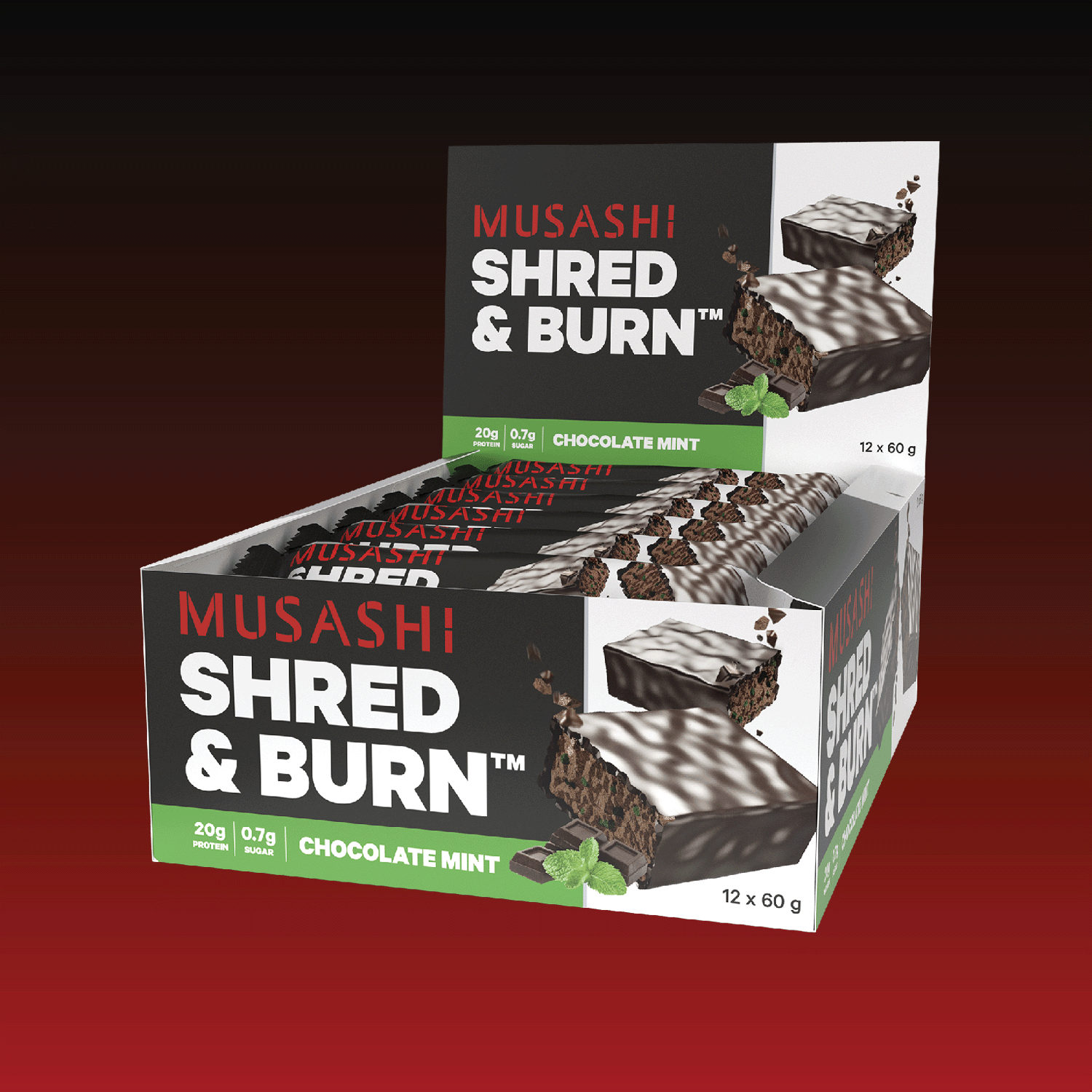 Musashi Shred & Burn Bar Choc Mint Box 12 x 60g – Protein Bar from the SHRED Range