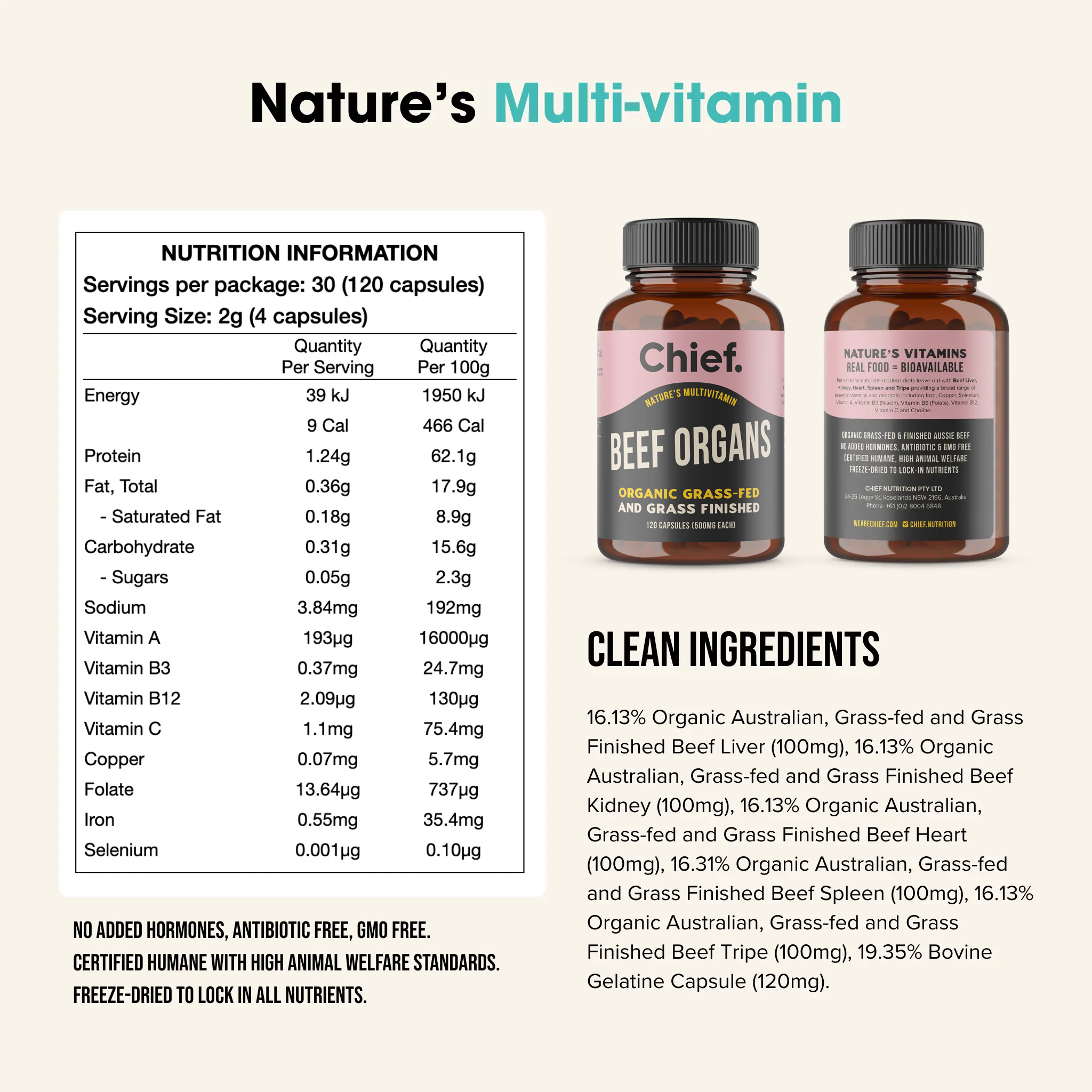Chief Organic Beef Offal Capsules 120c - back