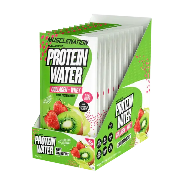 Muscle Nation PROTEIN WATER - Box of 10 Single Serve Sachets clear protein water supplement,collagen,electrolytes,issues,milky protein shake,Muscle Nation Protein Water,protein,protein shake,Protein Water,Refreshing Flavour,Shake,Slushie,Smoothie,thirst d