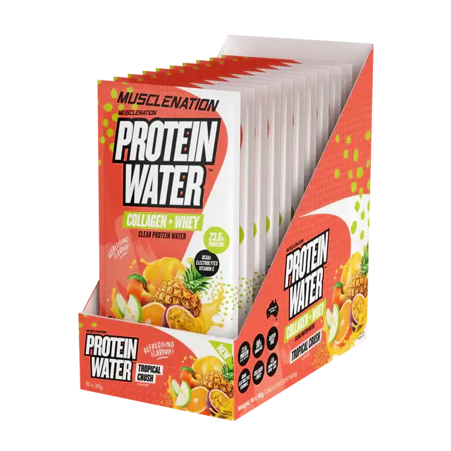 Muscle Nation PROTEIN WATER - Box of 10 Single Serve Sachets clear protein water supplement,collagen,electrolytes,issues,milky protein shake,Muscle Nation Protein Water,protein,protein shake,Protein Water,Refreshing Flavour,Shake,Slushie,Smoothie,thirst d