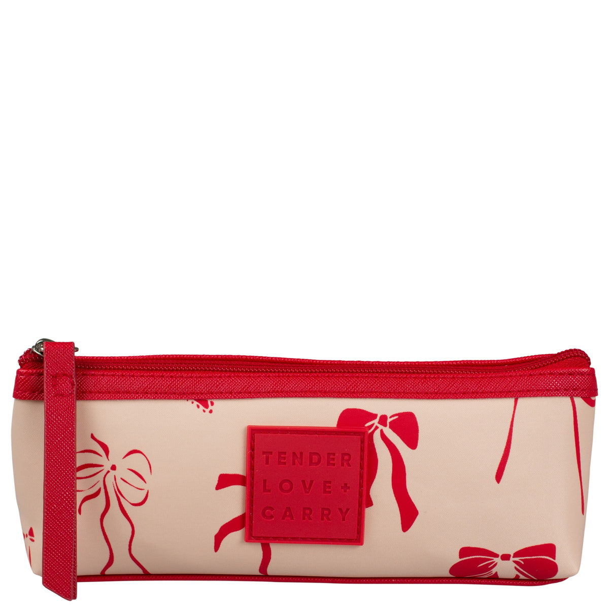Tender Love + Carry Assorted Red Bow Case - beige pouch with red bow print, front view