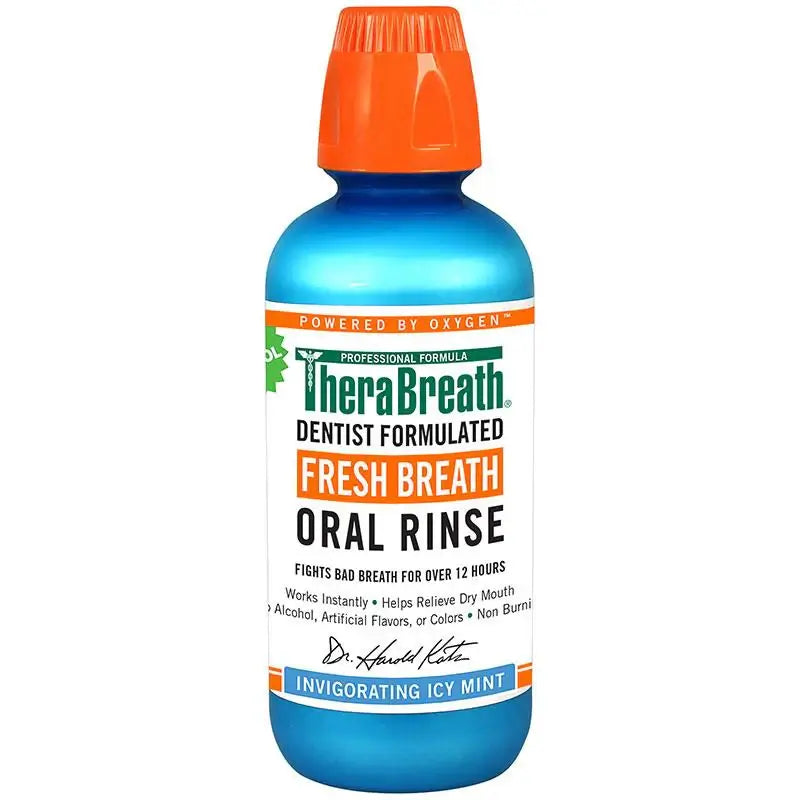 Therabreath fresh breath rinse bottle with invigorating icy mint flavor, fights bad breath for 24 hours.