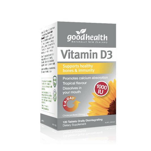 Good Health Vitamin D3 provides 1000IU of Vitamin D3 120 capsules