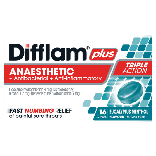 Difflam Plus Anaesthetic + Antibacterial + Anti-inflammatory lozenges Eucalyptus Menthol flavour 16