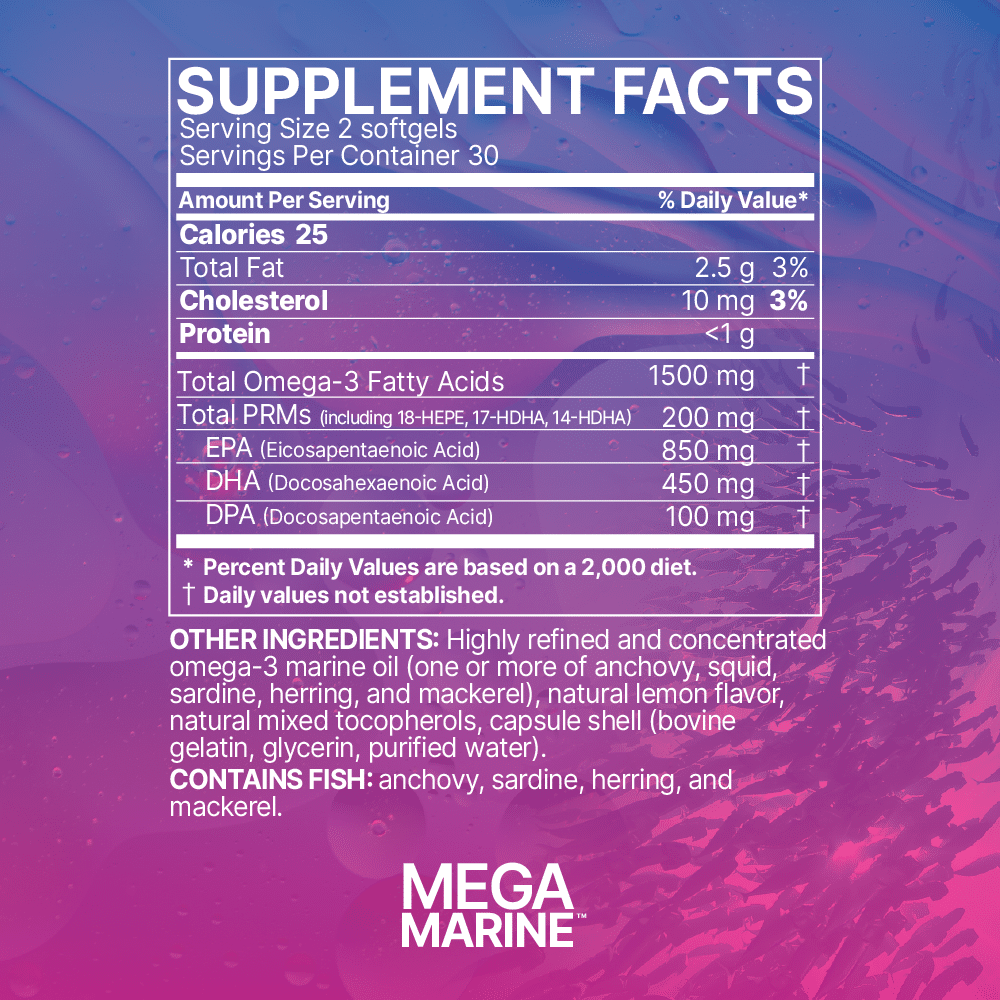 Supplement facts for MegaMarine gut-specific fish oil, showing key nutrients and ingredients.