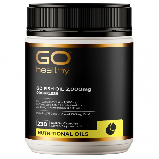 GO Healthy fish oil supplement container on a white background