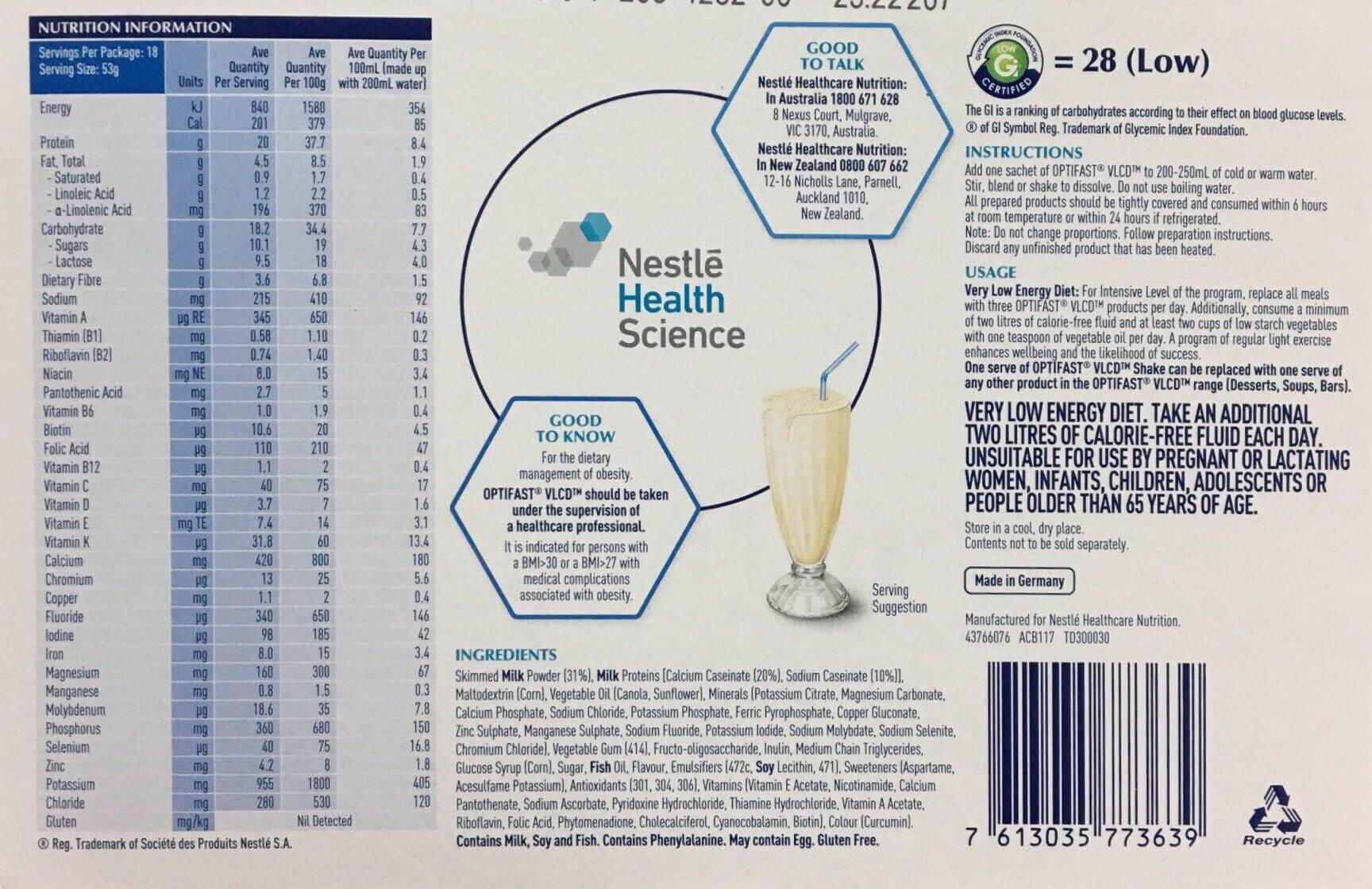 Optifast Milkshake - Vanilla 18 x 53 gm diet,issues,Optifast,optislim,shakes,vanilla,weight loss