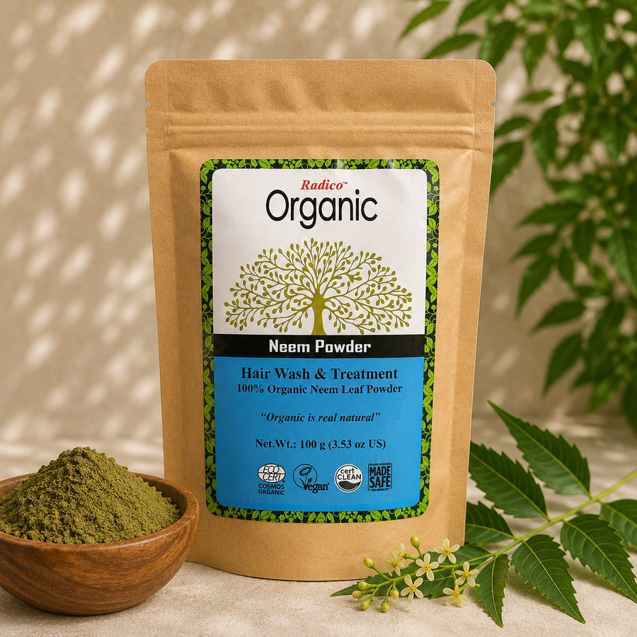 Radico Organic Neem Powder pouch with a bowl of powder and neem leaves