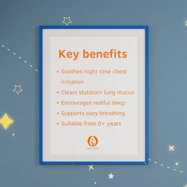 Kiwiherb Children's Goodnight Chest Syrup Calms tickly airways,Chest Care,chest syrup,Children's Goodnight Chest Syrup,Dry Chest Agitation,Encourages Restful Sleep,Goodnight Chest Syrup,issues,lung mucus,restful sleep,Soothes repeated,stubborn lung mucus,