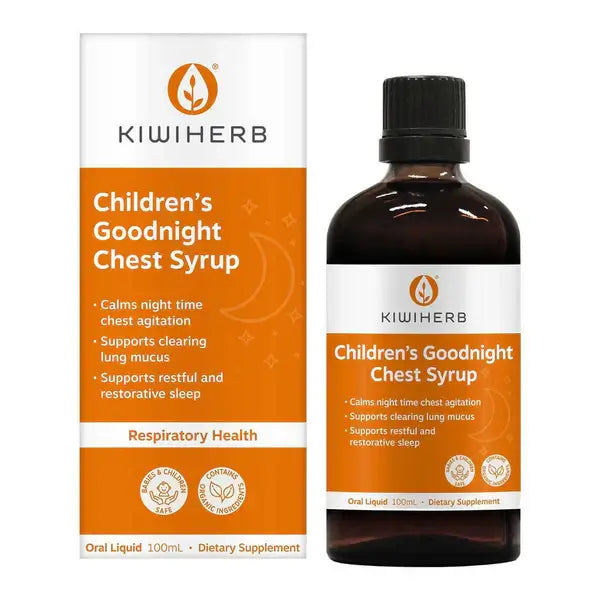 Kiwiherb Children's Goodnight Chest Syrup Calms tickly airways,Chest Care,chest syrup,Children's Goodnight Chest Syrup,Dry Chest Agitation,Encourages Restful Sleep,Goodnight Chest Syrup,issues,lung mucus,restful sleep,Soothes repeated,stubborn lung mucus,