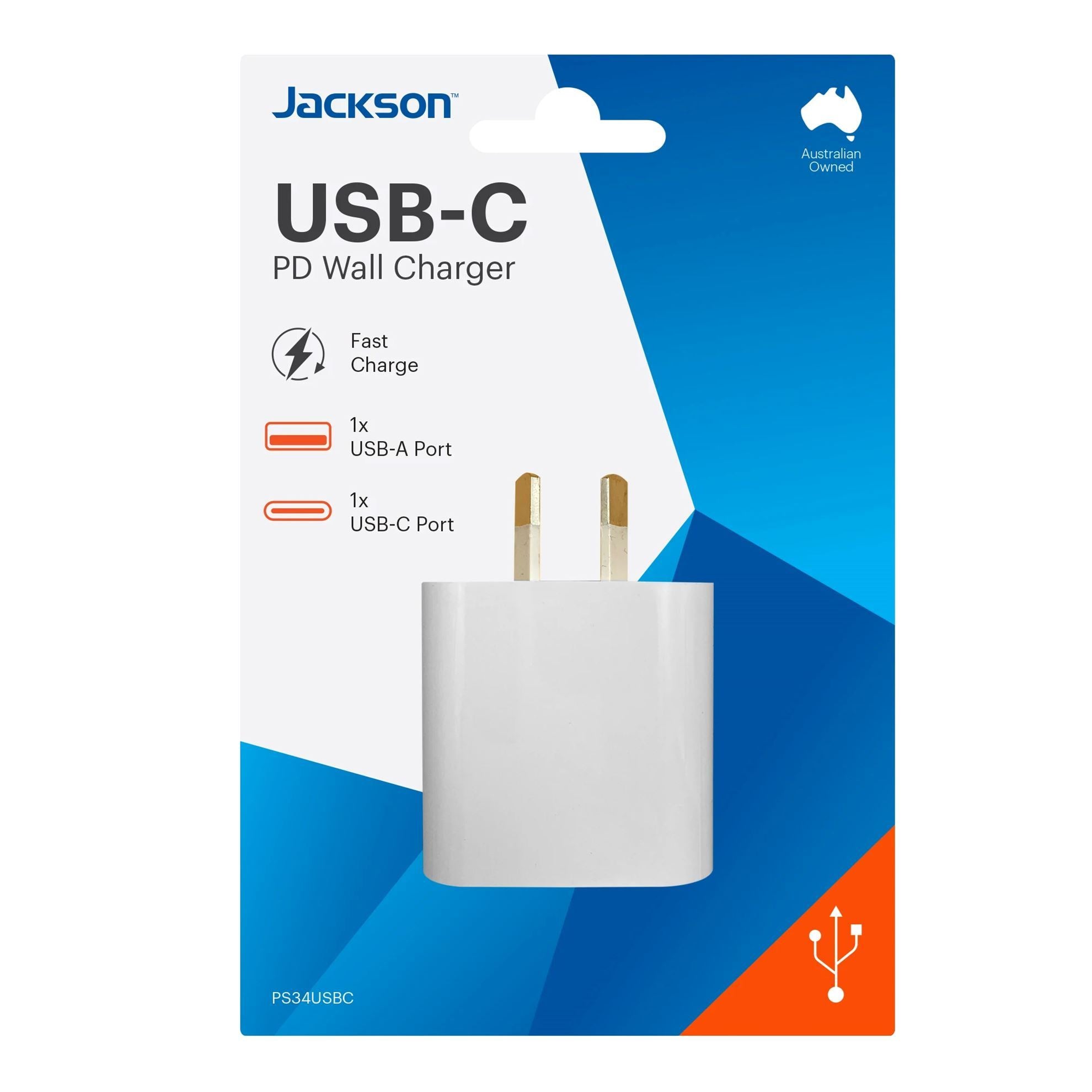 JACKSON 18W Dual Port USB Wall Charger With 1x USB-A &amp; 1x USB-C