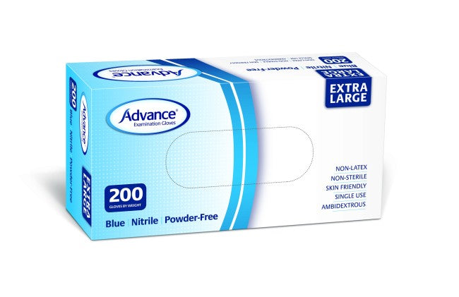 Advance® Blue Nitrile Powder Free Gloves Ambidextrous,AQL 1.5 Medical Grade,Bead Cuff,Blue Nitrile Powder Free Examination Gloves,chemical resistance,high performance protection,international standards,issues,Non-Latex,Non-Sterile,Powder Free,Skin Friendl