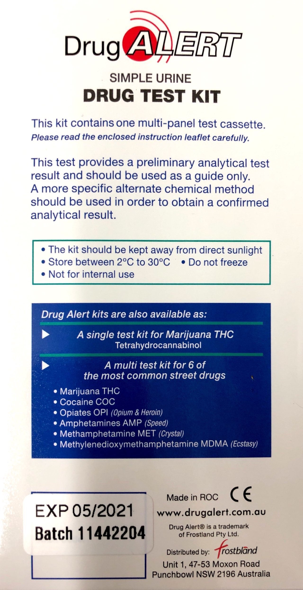 Drug Alert Urine Drug 1 Test Kit 6 street drugs 4 prescription drugs - Pakuranga Pharmacy
