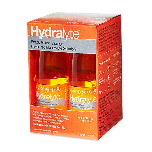 Hydralyte Ready to Drink Orange Electrolyte Solution 4 x 250 mL Pack