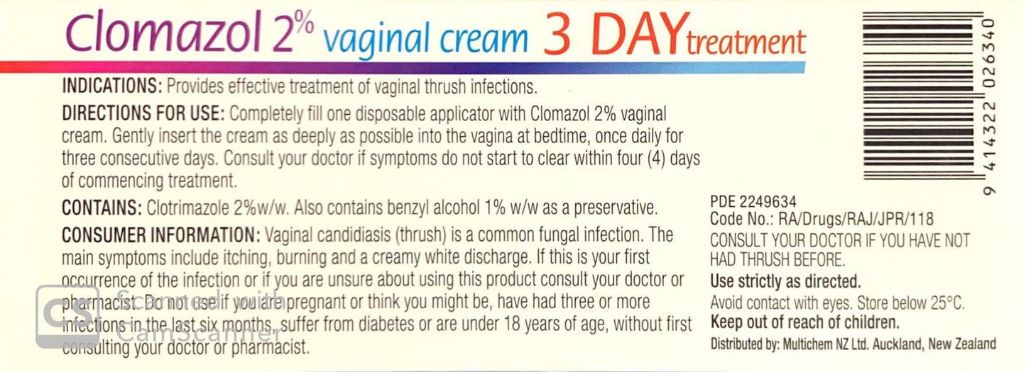 Clomazol 2% Vaginal Cream For Treatment Of Vaginal Thrush 20g - Pharmacist Only Medicine - Pakuranga Pharmacy