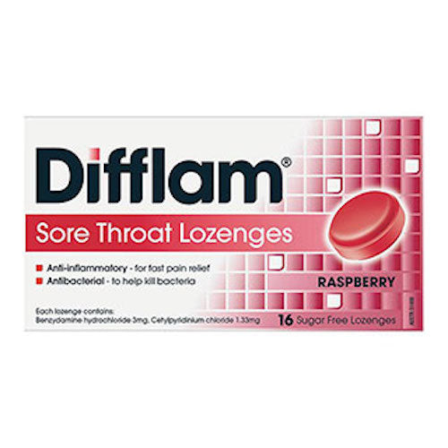 Difflam sore throat lozenges 16 Raspberry flavour
