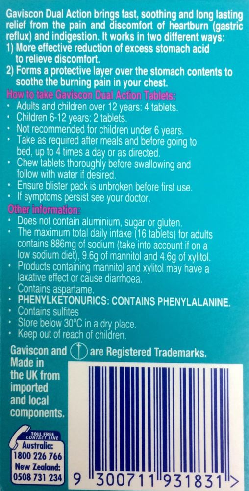Gaviscon Dual Action 32 Chewable Peppermint Tablets - Pakuranga Pharmacy