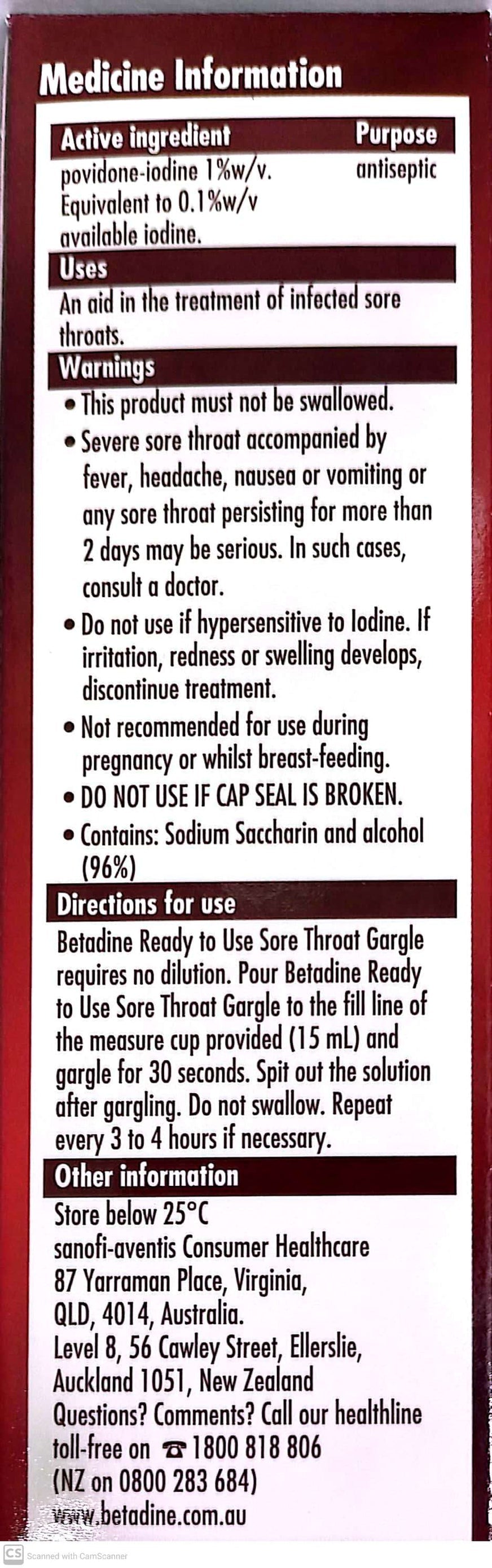 Betadine Sore Throat Gargle Ready To Use 120ml