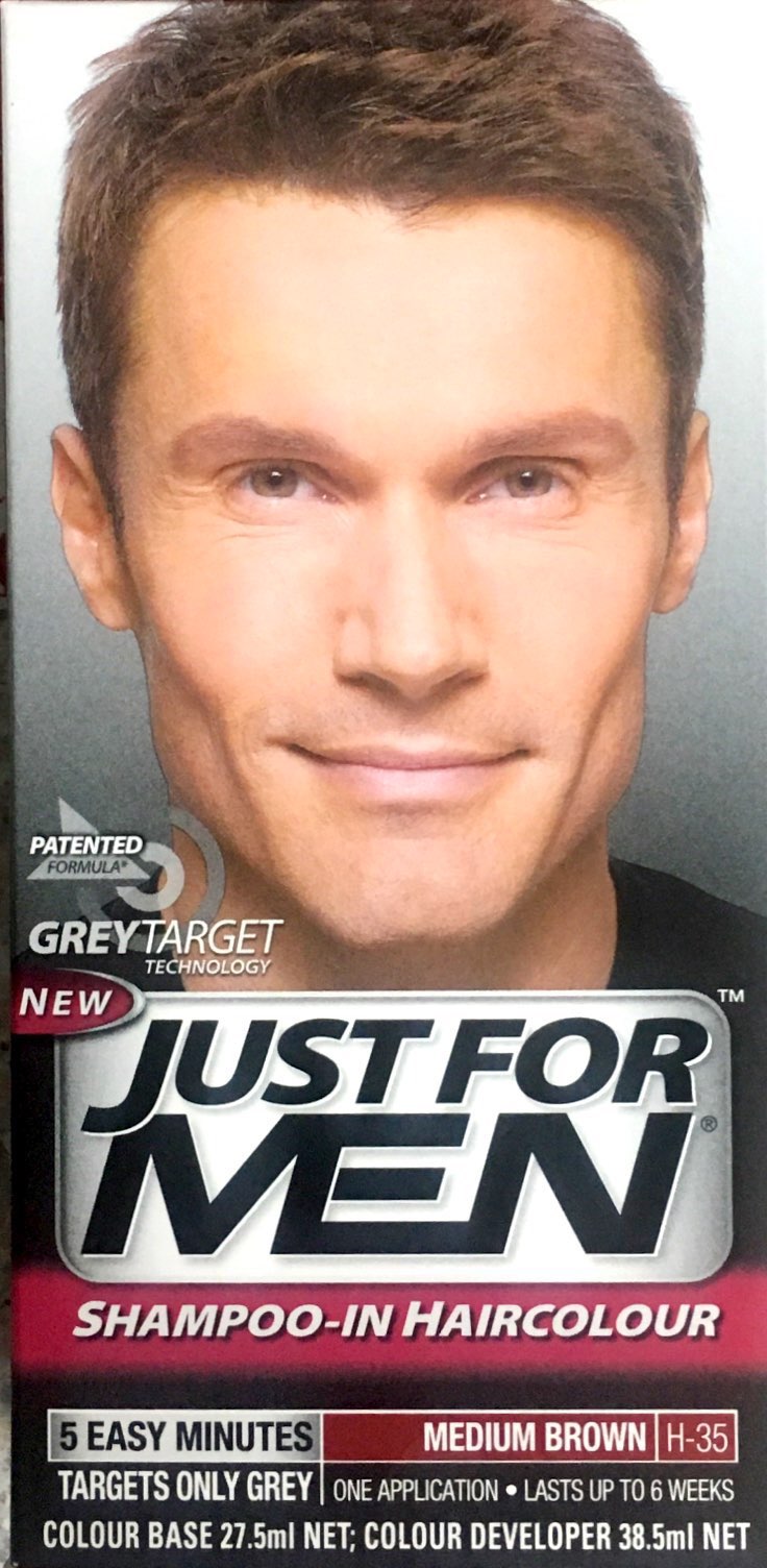 Just For Men hair color shampoo packaging showing product details and model with medium brown hair for natural results.