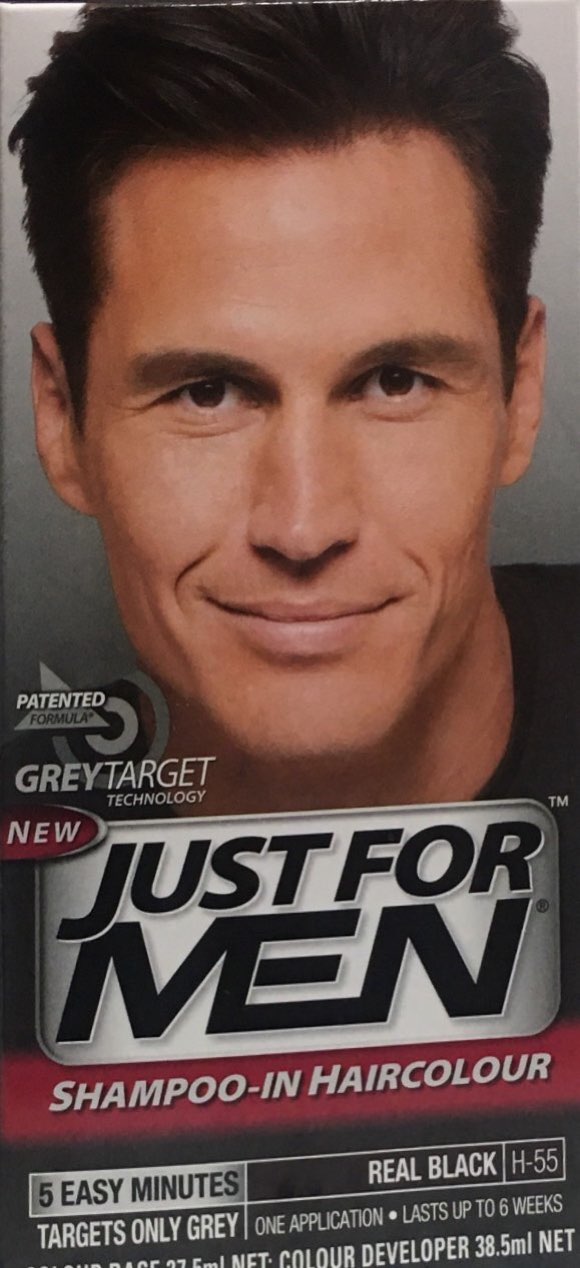 Just For Men hair color shampoo packaging showcasing a man with dark hair, emphasizing quick and natural results.