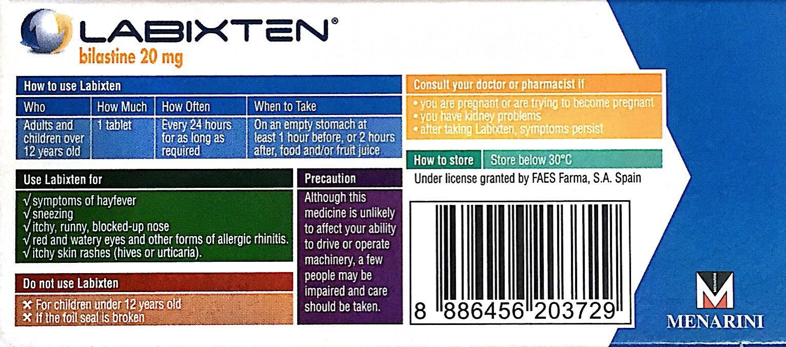 Labixten For Hayfever, Allergy, Itchy Skin - 20mg 10 Tablets  Pharmacy Medicine - DominionRoadPharmacy