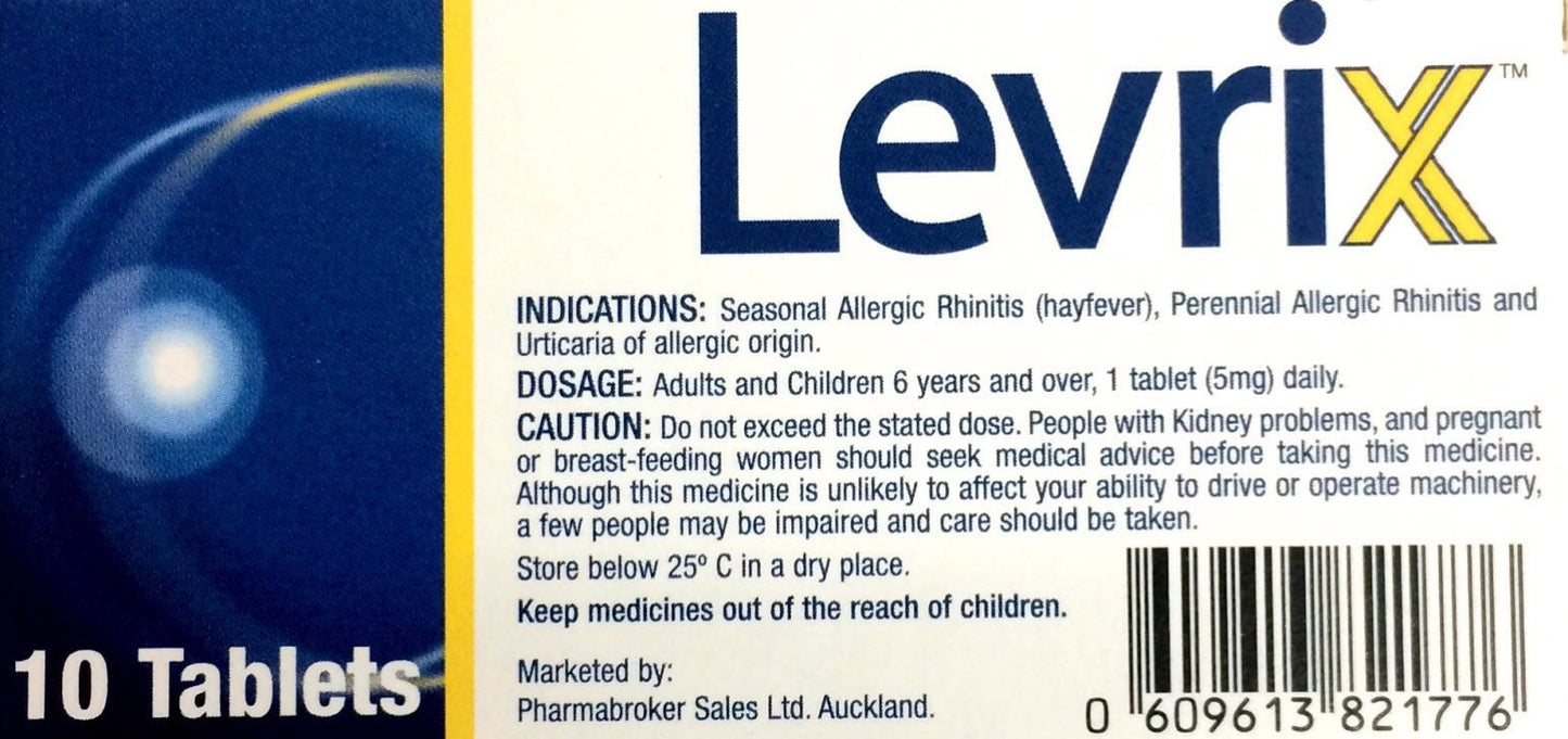 Levrix For Allergy, Hayfever, Itchy Skin Rash/Hives 5mg - 10 Tablets - Pakuranga Pharmacy