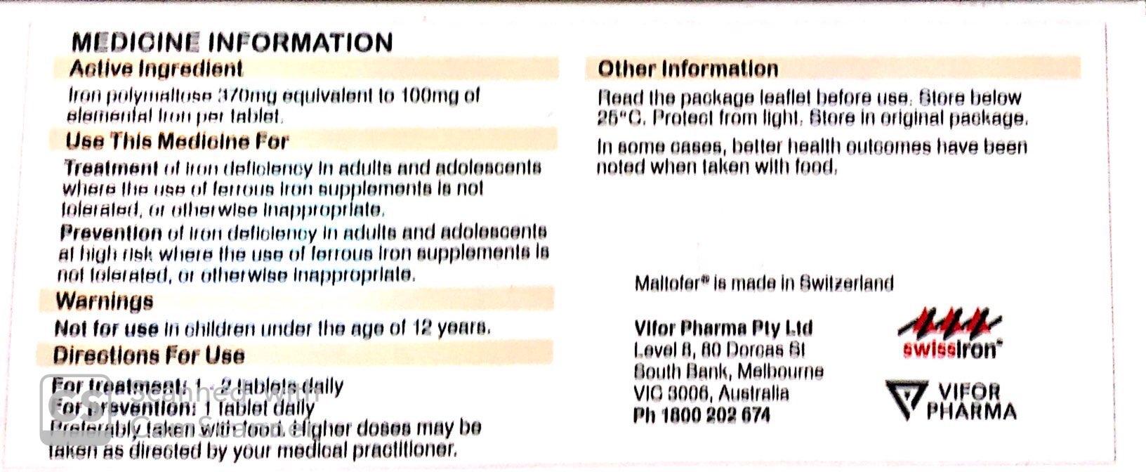 Maltofer 30 tablets Iron Polymaltose equal to 100mg iron