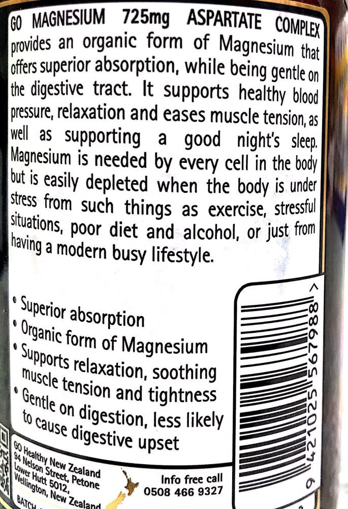 Go Healthy Go Magnesium 725mg Asparate Complex 100 Vege Caps - Pakuranga Pharmacy