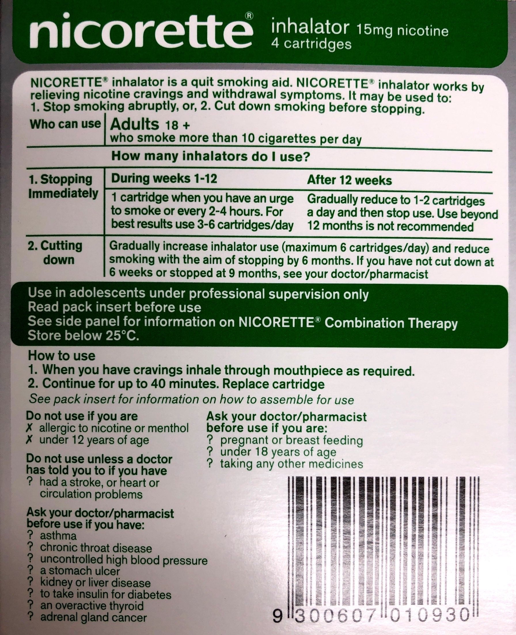 Nicorette inhalator 15mg 4 catridges 1 mouthpiece