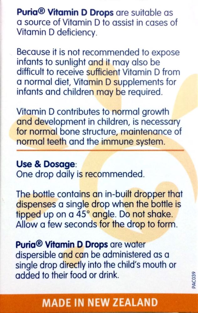 Puria Liquid Vitamin D Drops 4.5g / 90 Drops for Infants & Children
