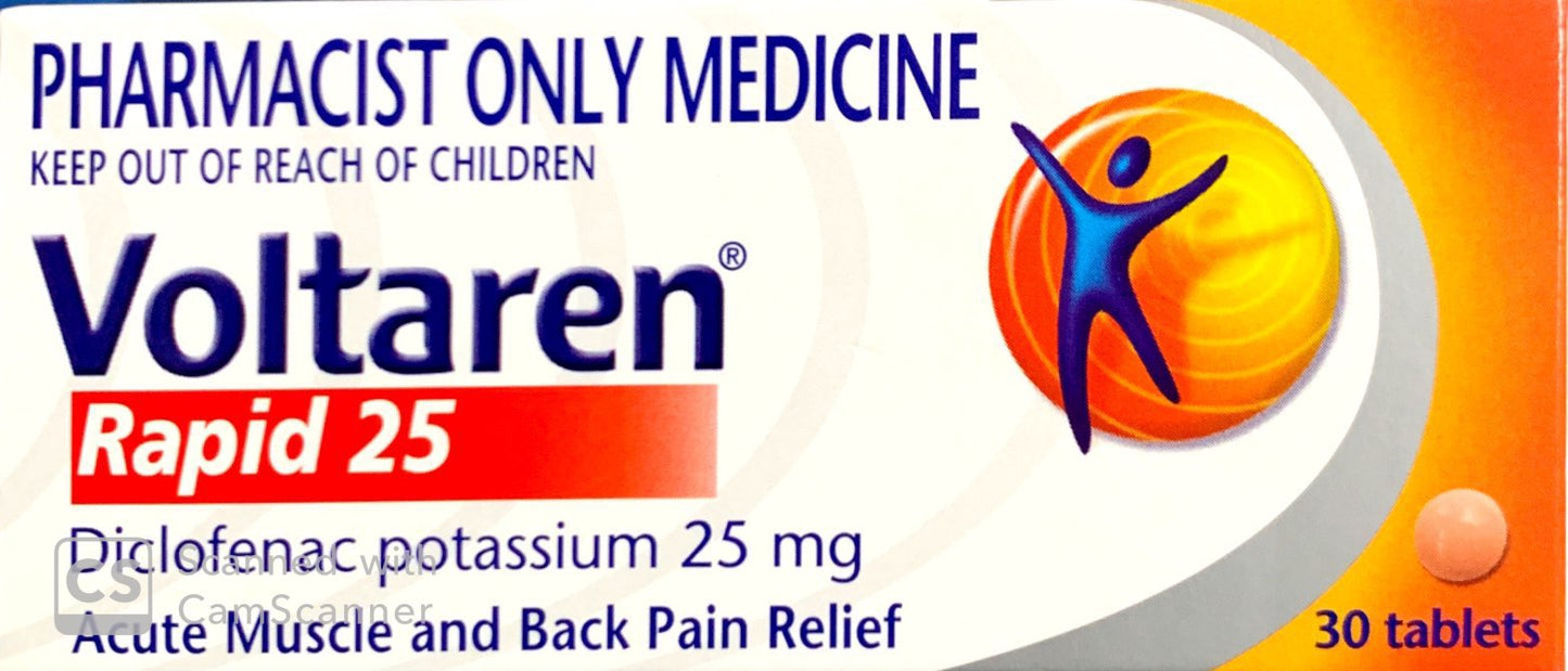 Voltaren Rapid 25 -Diclofenac Potassium 25mg 30 Tablets Pharmacist Only Medicine